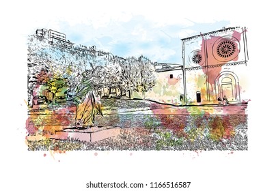 Building view and landscape wit landmark of Assisi is a hill town in central Italy’s Umbria region. Watercolor splash with Hand drawn sketch illustration in vector.