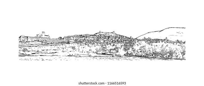 Building view and landscape wit landmark of Assisi is a hill town in central Italy’s Umbria region. Hand drawn sketch illustration in vector.