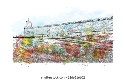 Building view and landscape wit landmark of Assisi is a hill town in central Italy’s Umbria region. Watercolor splash with Hand drawn sketch illustration in vector.