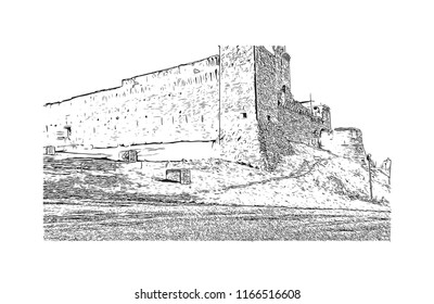 Building view and landscape wit landmark of Assisi is a hill town in central Italy’s Umbria region. Hand drawn sketch illustration in vector.