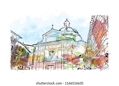 Building view and landscape wit landmark of Assisi is a hill town in central Italy’s Umbria region. Watercolor splash with Hand drawn sketch illustration in vector.