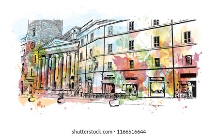 Building view and landscape wit landmark of Assisi is a hill town in central Italy’s Umbria region. Watercolor splash with Hand drawn sketch illustration in vector.