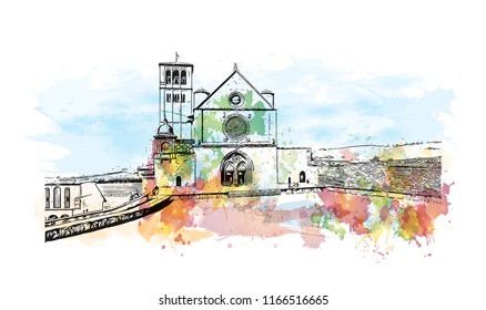 Building view and landscape wit landmark of Assisi is a hill town in central Italy’s Umbria region. Watercolor splash with Hand drawn sketch illustration in vector.