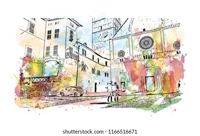 Building view and landscape wit landmark of Assisi is a hill town in central Italy’s Umbria region. Watercolor splash with Hand drawn sketch illustration in vector.