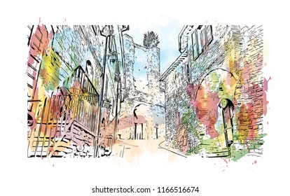 Building view and landscape wit landmark of Assisi is a hill town in central Italy’s Umbria region. Watercolor splash with Hand drawn sketch illustration in vector.