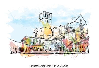 Building view and landscape wit landmark of Assisi is a hill town in central Italy’s Umbria region. Watercolor splash with Hand drawn sketch illustration in vector.