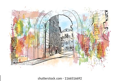 Building view and landscape wit landmark of Assisi is a hill town in central Italy’s Umbria region. Watercolor splash with Hand drawn sketch illustration in vector.