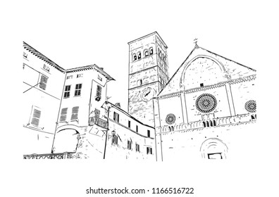 Building view and landscape wit landmark of Assisi is a hill town in central Italy’s Umbria region. Hand drawn sketch illustration in vector.