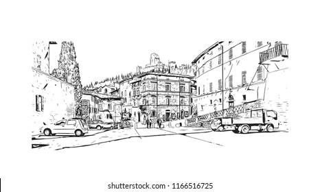 Building view and landscape wit landmark of Assisi is a hill town in central Italy’s Umbria region. Hand drawn sketch illustration in vector.