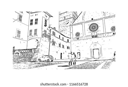 Building view and landscape wit landmark of Assisi is a hill town in central Italy’s Umbria region. Hand drawn sketch illustration in vector.