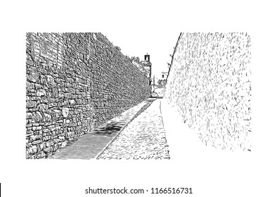 Building view and landscape wit landmark of Assisi is a hill town in central Italy’s Umbria region. Hand drawn sketch illustration in vector.