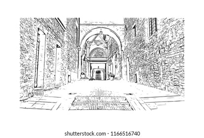 Building view and landscape wit landmark of Assisi is a hill town in central Italy’s Umbria region. Hand drawn sketch illustration in vector.