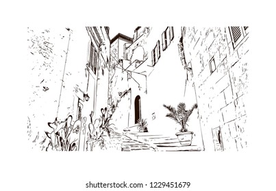 Building view with lanndmark of Trani is a seaport of Apulia, in southern Italy. Hand drawn sketch illustration in vector.