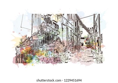 Building view with lanndmark of Trani is a seaport of Apulia, in southern Italy. Watercolor splash with Hand drawn sketch illustration in vector.