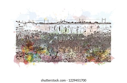 Building view with lanndmark of Trani is a seaport of Apulia, in southern Italy. Watercolor splash with Hand drawn sketch illustration in vector.