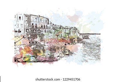 Building view with lanndmark of Trani is a seaport of Apulia, in southern Italy. Watercolor splash with Hand drawn sketch illustration in vector.