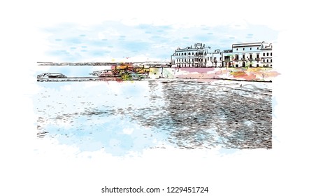 Building view with lanndmark of Trani is a seaport of Apulia, in southern Italy. Watercolor splash with Hand drawn sketch illustration in vector.