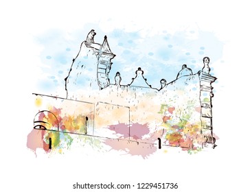 Building view with lanndmark of Trani is a seaport of Apulia, in southern Italy. Watercolor splash with Hand drawn sketch illustration in vector.