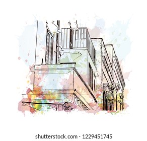 Building view with lanndmark of Trani is a seaport of Apulia, in southern Italy. Watercolor splash with Hand drawn sketch illustration in vector.