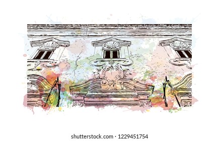 Building view with lanndmark of Trani is a seaport of Apulia, in southern Italy. Watercolor splash with Hand drawn sketch illustration in vector.
