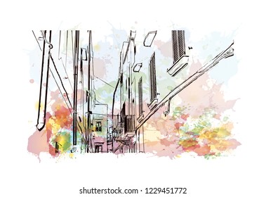 Building view with lanndmark of Trani is a seaport of Apulia, in southern Italy. Watercolor splash with Hand drawn sketch illustration in vector.
