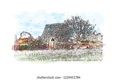 Building view with lanndmark of Trani is a seaport of Apulia, in southern Italy. Watercolor splash with Hand drawn sketch illustration in vector.