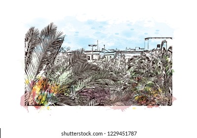 Building view with lanndmark of Trani is a seaport of Apulia, in southern Italy. Watercolor splash with Hand drawn sketch illustration in vector.