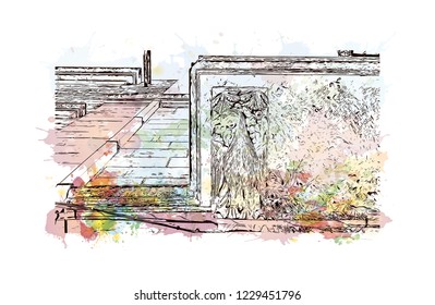 Building view with lanndmark of Trani is a seaport of Apulia, in southern Italy. Watercolor splash with Hand drawn sketch illustration in vector.