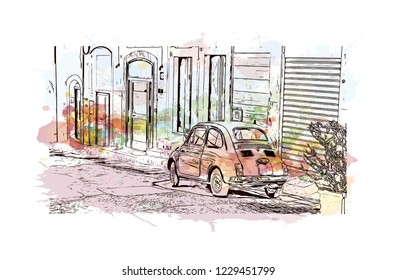 Building view with lanndmark of Trani is a seaport of Apulia, in southern Italy. Watercolor splash with Hand drawn sketch illustration in vector.