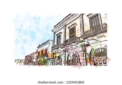 Building view with lanndmark of Trani is a seaport of Apulia, in southern Italy. Watercolor splash with Hand drawn sketch illustration in vector.