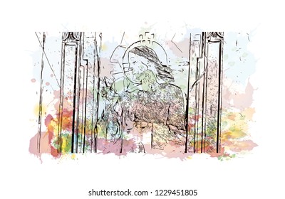 Building view with lanndmark of Trani is a seaport of Apulia, in southern Italy. Watercolor splash with Hand drawn sketch illustration in vector.