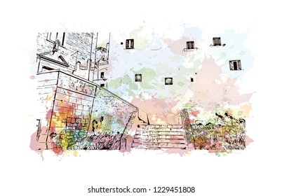 Building view with lanndmark of Trani is a seaport of Apulia, in southern Italy. Watercolor splash with Hand drawn sketch illustration in vector.