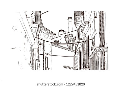 Building view with lanndmark of Trani is a seaport of Apulia, in southern Italy. Hand drawn sketch illustration in vector.