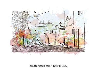 Building view with lanndmark of Trani is a seaport of Apulia, in southern Italy. Watercolor splash with Hand drawn sketch illustration in vector.