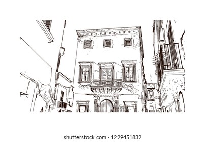 Building view with lanndmark of Trani is a seaport of Apulia, in southern Italy. Hand drawn sketch illustration in vector.