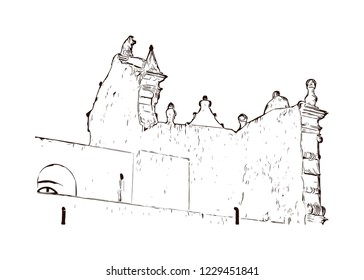 Building view with lanndmark of Trani is a seaport of Apulia, in southern Italy. Hand drawn sketch illustration in vector.