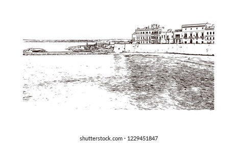 Building view with lanndmark of Trani is a seaport of Apulia, in southern Italy. Hand drawn sketch illustration in vector.
