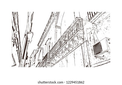 Building view with lanndmark of Trani is a seaport of Apulia, in southern Italy. Hand drawn sketch illustration in vector.