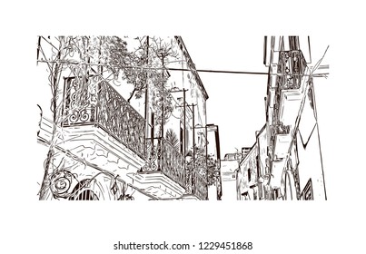 Building view with lanndmark of Trani is a seaport of Apulia, in southern Italy. Hand drawn sketch illustration in vector.