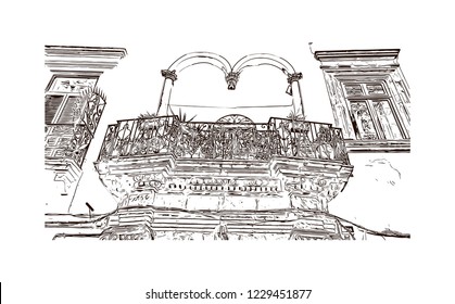 Building view with lanndmark of Trani is a seaport of Apulia, in southern Italy. Hand drawn sketch illustration in vector.