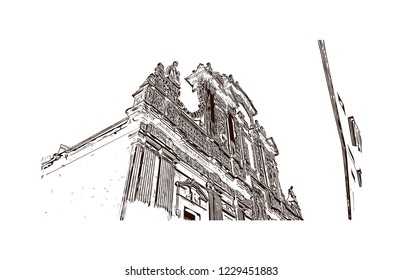Building view with lanndmark of Trani is a seaport of Apulia, in southern Italy. Hand drawn sketch illustration in vector.
