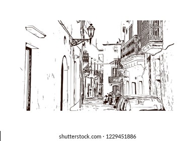 Building view with lanndmark of Trani is a seaport of Apulia, in southern Italy. Hand drawn sketch illustration in vector.