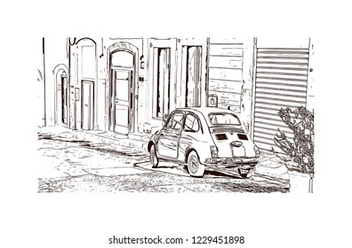 Building view with lanndmark of Trani is a seaport of Apulia, in southern Italy. Hand drawn sketch illustration in vector.
