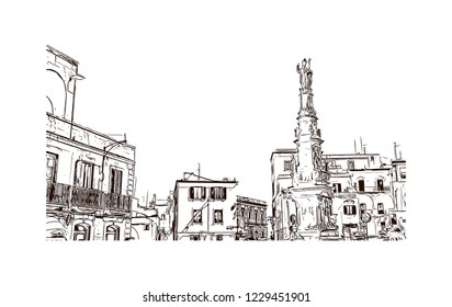 Building view with lanndmark of Trani is a seaport of Apulia, in southern Italy. Hand drawn sketch illustration in vector.