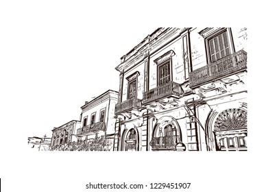 Building view with lanndmark of Trani is a seaport of Apulia, in southern Italy. Hand drawn sketch illustration in vector.