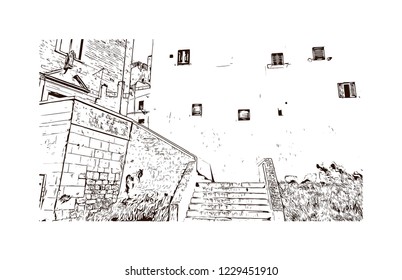Building view with lanndmark of Trani is a seaport of Apulia, in southern Italy. Hand drawn sketch illustration in vector.