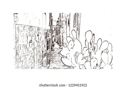 Building view with lanndmark of Trani is a seaport of Apulia, in southern Italy. Hand drawn sketch illustration in vector.