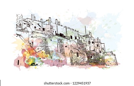 Building view with lanndmark of Trani is a seaport of Apulia, in southern Italy. Watercolor splash with Hand drawn sketch illustration in vector.