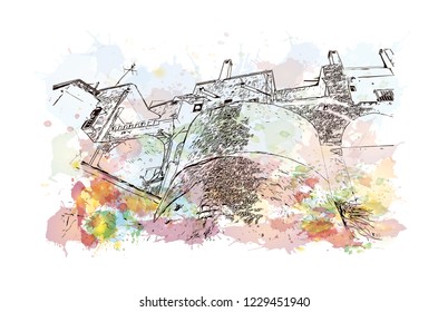 Building view with lanndmark of Trani is a seaport of Apulia, in southern Italy. Watercolor splash with Hand drawn sketch illustration in vector.