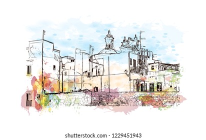 Building view with lanndmark of Trani is a seaport of Apulia, in southern Italy. Watercolor splash with Hand drawn sketch illustration in vector.